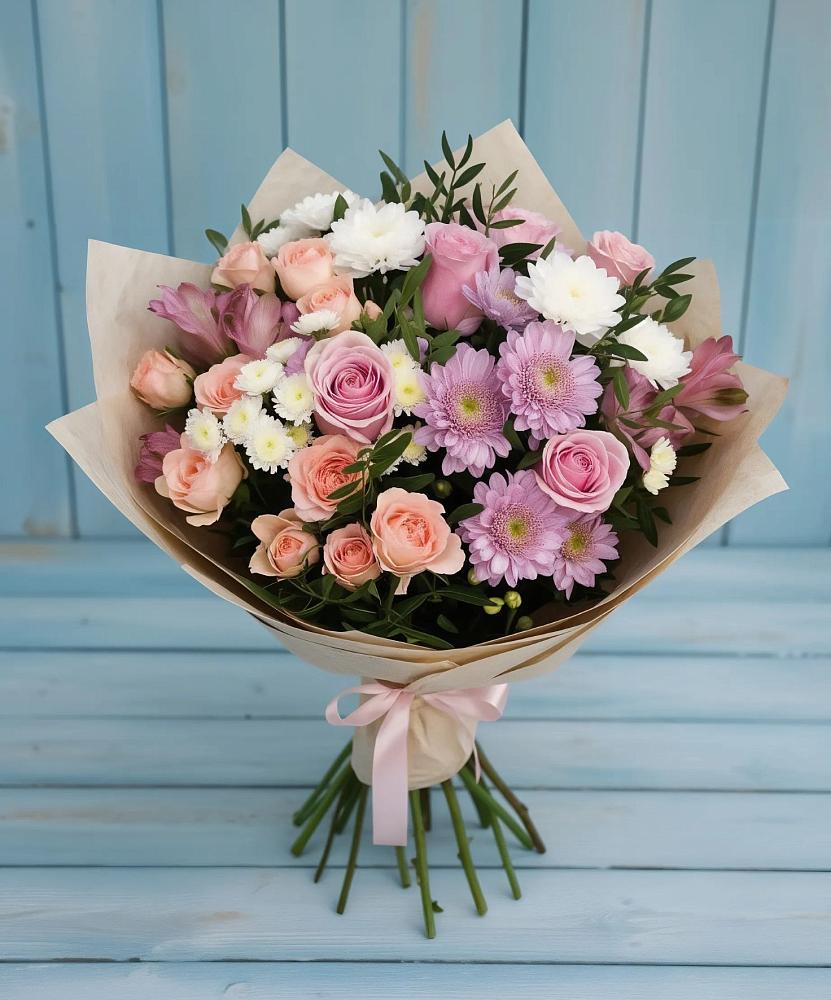 Букет цветов из: Хризантемы, Розы и Альстромерии в Добровольном