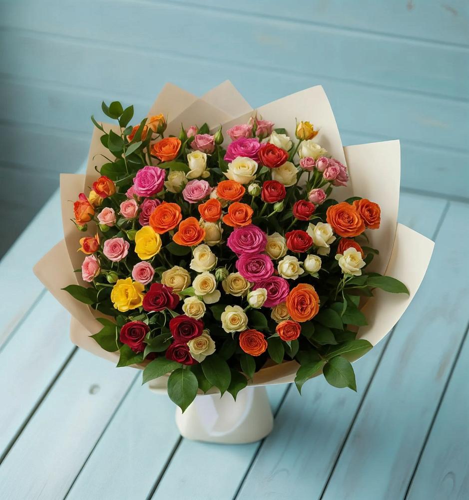 Букет Микс из разноцветных кустовых роз в Добровольном