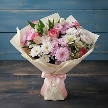 Букет цветов из:  Хризантемы, Альстромерии и Розы #REPLACE_PRED# Добровольном