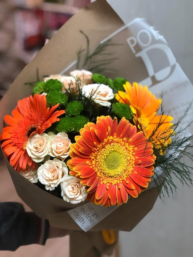 Букет цветов из: Герберы, Хризантемы и Розы в Добровольном
