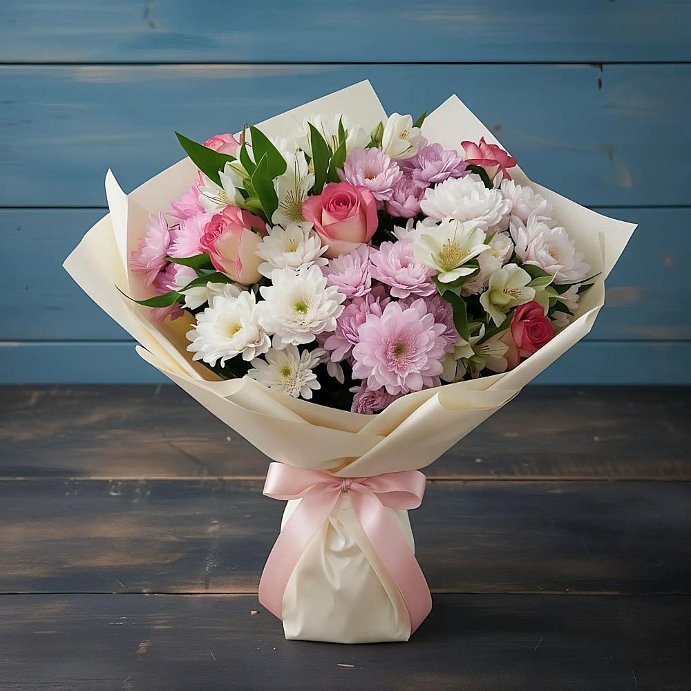 Букет цветов из: Хризантемы, Альстромерии и Розы в Добровольном